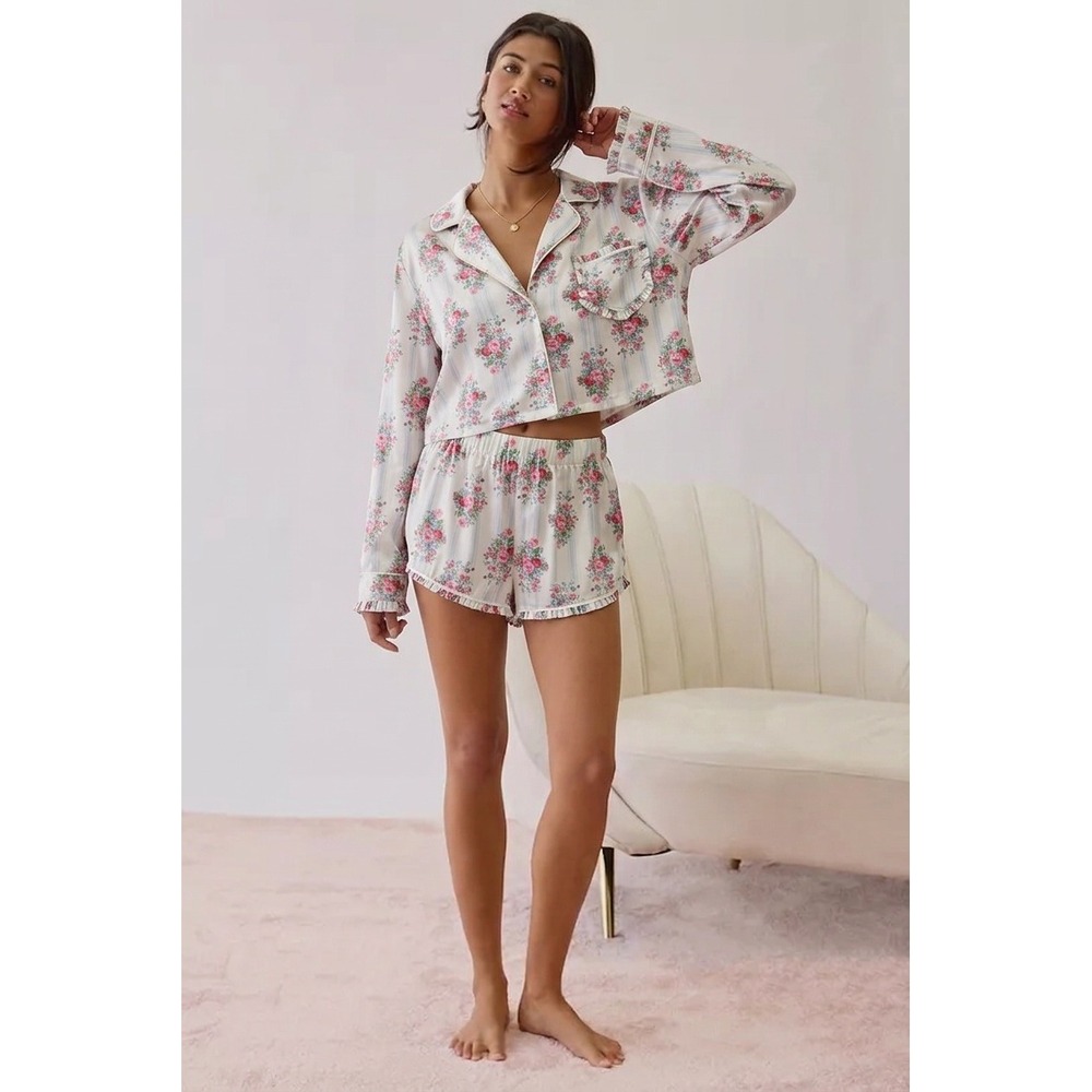 For Love & Lemons Floral Stripe Ruffle Pajama Set XXS Pink Blue Satin Loungewear